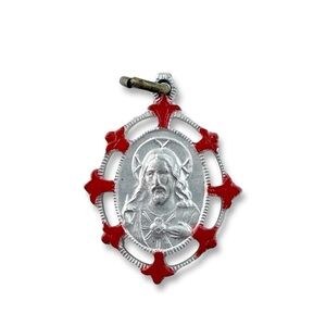 Vintage Sacred Heart of Jesus Red Enamel Silvertone Miraculous Medal Charm